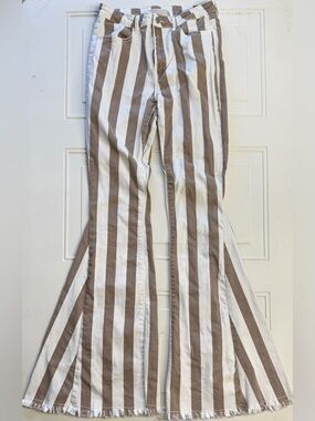 Saints & Hearts Women’s Sz M Long Brown White Striped Bell Bottom Pants Jeans